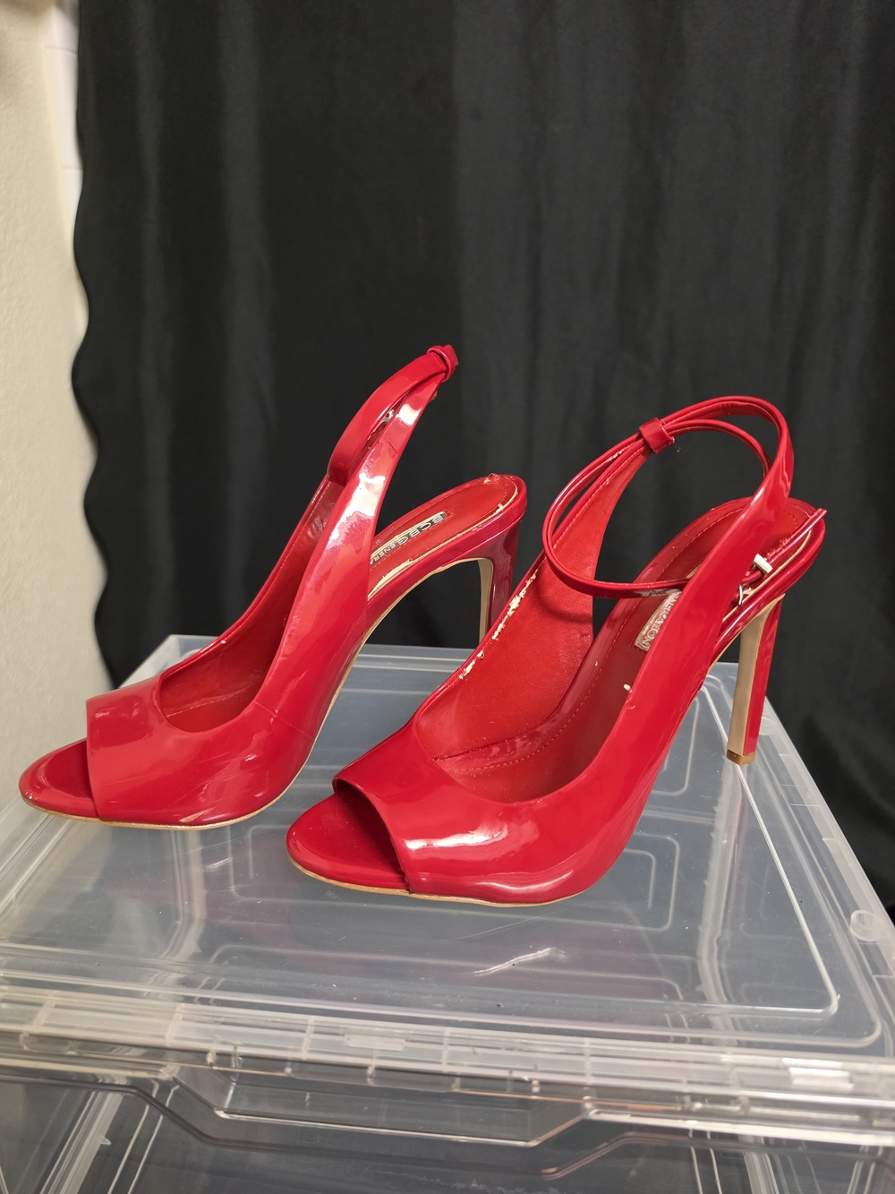 BCBGeneration Red Patent Peep-Toe Slingback Heels